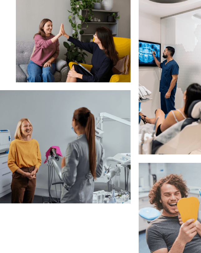 Collage of smiling dental patients and team members in dental office